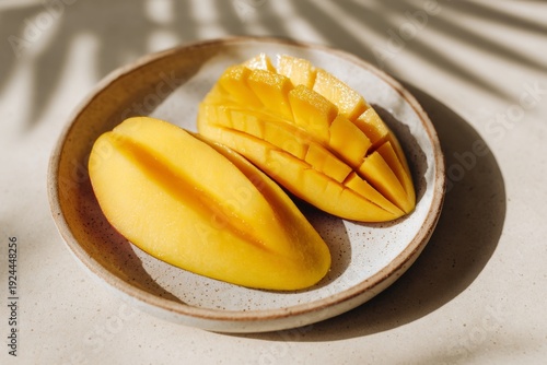 Sliced Mango on a Ceramic Plate With Natural Light Casting Shadows in a Simple Kitchen Setting During Daytime Generative AI