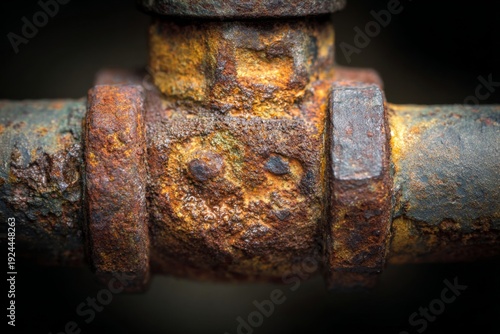 Close up of Corroded Metal Pipe Joint Showing Wear and Tear at an Industrial Location Under Low Light Conditions Generative AI