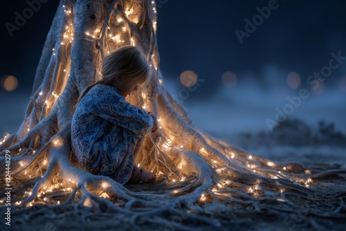 Child Embraces a Large Tree With Glowing Roots During a Night Scene in a Quiet Forest Setting, Showcasing a Moment of Connection With Nature and Light Generative AI