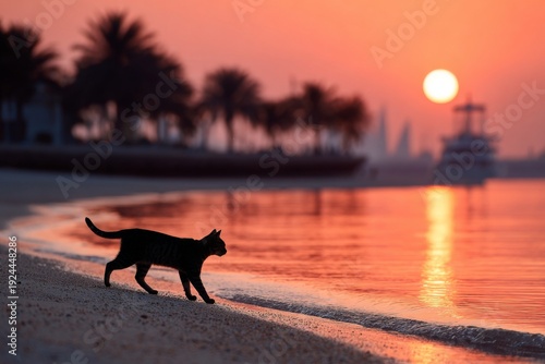 Walking Along Beach at Sunrise With Cat Near Water and Palm Trees in View of a Boat and City Skyline on Horizon Generative AI