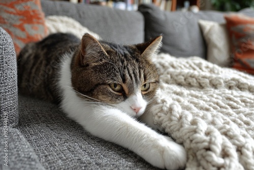 Cozy Cat Stretching on a Soft Sofa With a Knitted Blanket in a Warm Living Room Setting During the Afternoon Generative AI