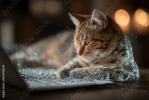 Cat Sits on Laptop Keyboard With Holographic Effects and Soft Lighting in a Cozy Indoor Space During Evening Hours Generative AI