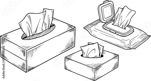 A set of sketches of tissue boxes . Facial tissues, wet wipes and paper handkerchiefs. Hand-drawn vector illustration. Isolated objects on white background