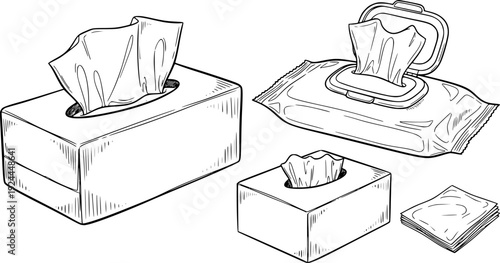 A set of sketches of tissue boxes . Facial tissues, wet wipes and paper handkerchiefs. Hand-drawn vector illustration. Isolated objects on white background