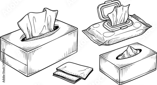 A set of sketches of tissue boxes . Facial tissues, wet wipes and paper handkerchiefs. Hand-drawn vector illustration. Isolated objects on white background
