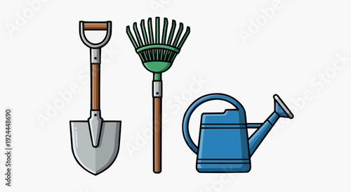 Illustration of gardening tools including a shovel, rake, and watering can