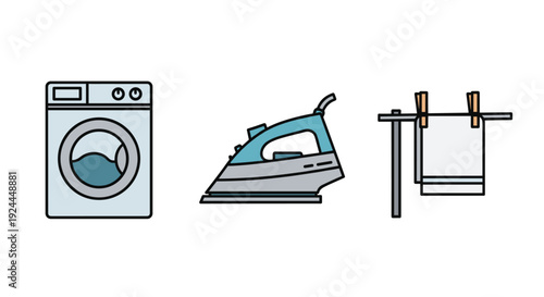 Laundry day essentials including a washing machine, an iron, and a clothes drying rack are presented.