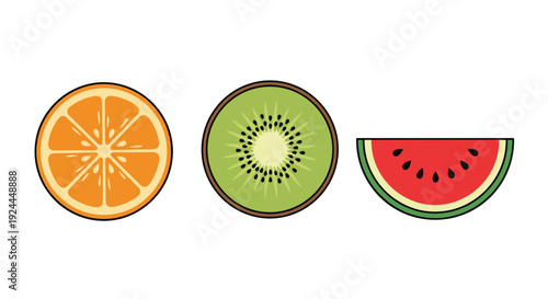 Cross-sections of fresh orange, kiwi, and watermelon fruit slices are arranged on a clean white background.