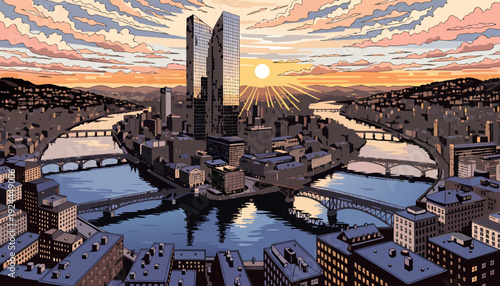 Urban Downtown Skyline Panorama During Sunset Over Confluence of Multiple Rivers and Bridges in Metropolis pittsburgh skyline vector