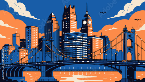 Urban Skyline View Featuring Historic Architecture and Suspension Bridge Crossing Water at Dusk or Dawn pittsburgh skyline vector