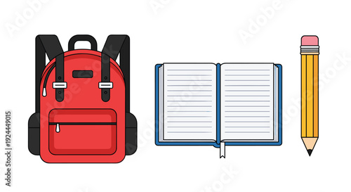 Red school backpack, an open blue notebook with lined pages and a bookmark, and a long yellow wooden pencil with an eraser are presented.