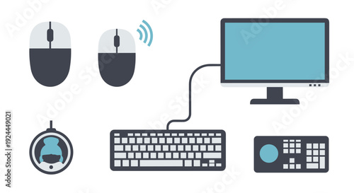 Two computer mice, a trackball, a keyboard, a compact keypad, and a flat screen monitor are connected as desktop peripherals.