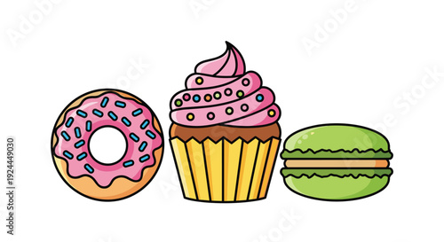 A pink frosted donut with sprinkles, a cupcake with whipped cream, and a green macaron cookie stand side by side.