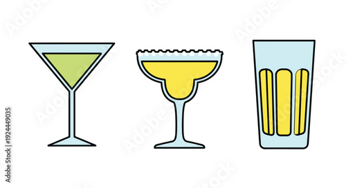 Three distinct cocktail glasses filled with colorful beverages, including a martini, margarita, and a highball glass.