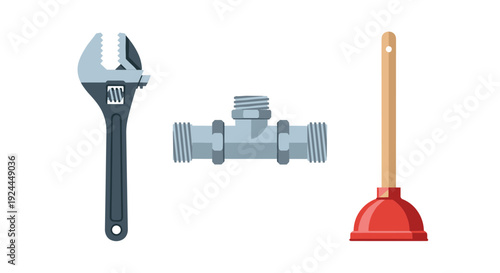 Essential plumbing tools featuring an adjustable wrench, a pipe connector fitting, and a red rubber suction plunger.