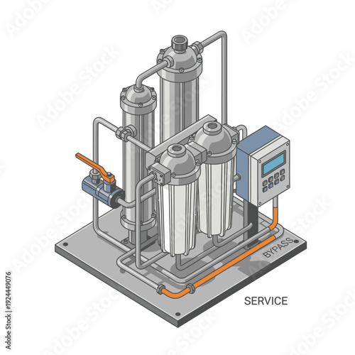 Isometric illustration of industrial water filtration system