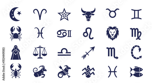 An expansive assortment of various astrological zodiac signs and celestial symbols presented as dark blue icons.