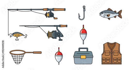 Fishing rods, a lure, a hook, two bobbers, a fish, a tackle box, a fishing vest, and a net are shown.