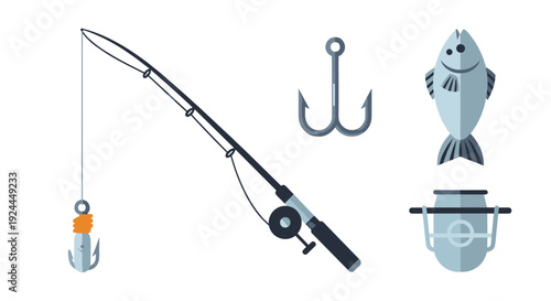 A fishing rod with a hook, a large double hook, a fish, and a bucket are illustrated with flat design elements.