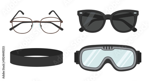 A collection of various eyewear including classic spectacles, dark sunglasses, a simple headband, and protective ski goggles.