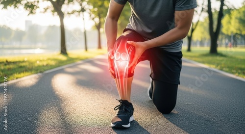 Male Runner Experiencing Knee Pain During Outdoor Exercise in Park