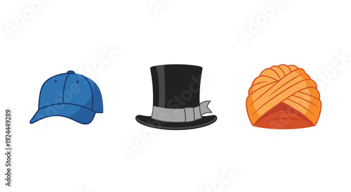 A concise arrangement of distinct headwear including a blue baseball cap, a classic black top hat, and a vibrant orange turban.