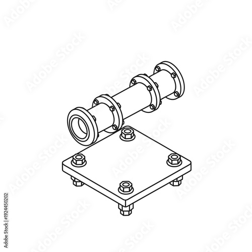 Isometric view of a mechanical component with flanges and base plate