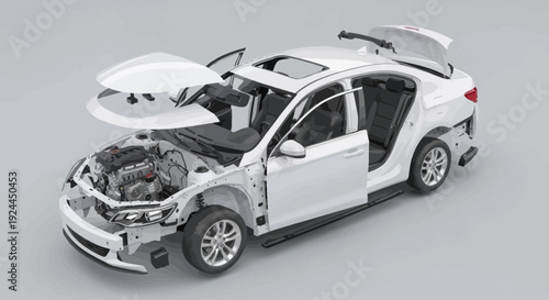 Automotive engineering diagram white car disassembled showing internal components