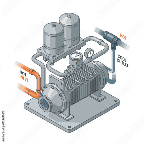 Isometric view of industrial pump with tanks and piping system diagram