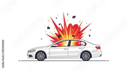Car explosion illustration white sedan in cartoon style with burst effect