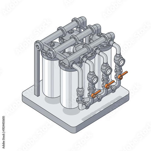 Isometric view of industrial water filtration system with piping and valves