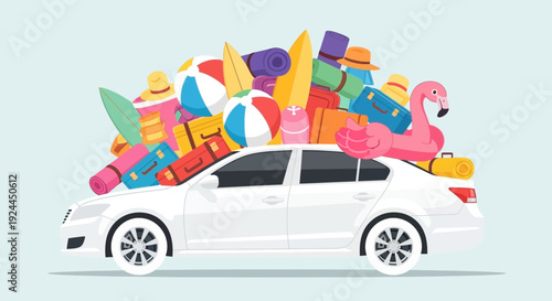 Car overloaded with luggage and travel items ready for a summer vacation