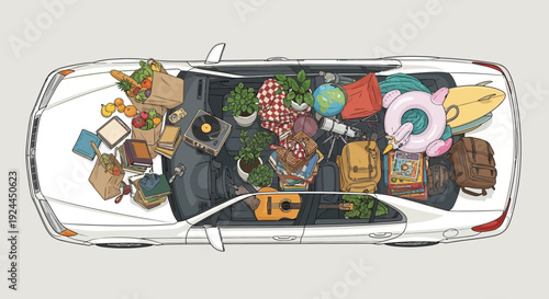 Car trunk packed with travel items and groceries overhead view illustration