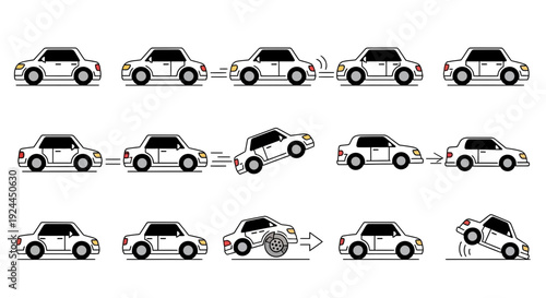 Cartoon sequence of white car driving and performing various actions