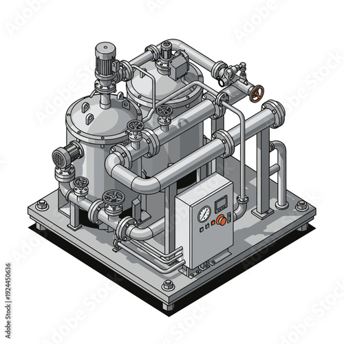Isometric view of industrial machinery equipment with pipelines valves and control panel
