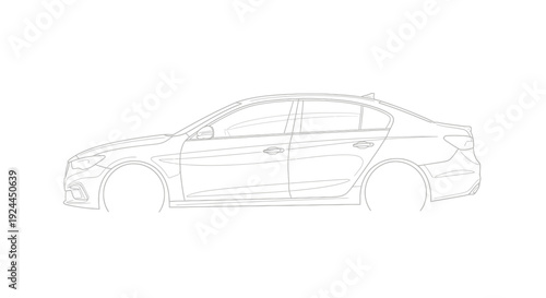 Clean outline of a modern sedan car side view isolated on white background