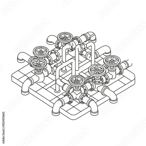Isometric view of industrial piping system with valves and connections