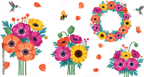 A vibrant spring nature frame featuring colorful daisies and gerbera blossoms with a ladybug and butterfly on a white floral background vector illustration