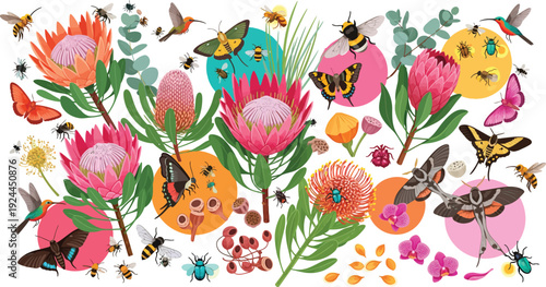Colorful illustration of flowers and butterflies in a lively garden scene