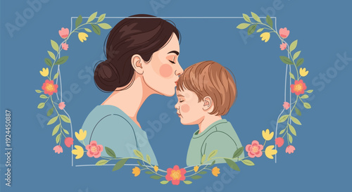 Tender moment between mother and child surrounded by floral wreath.