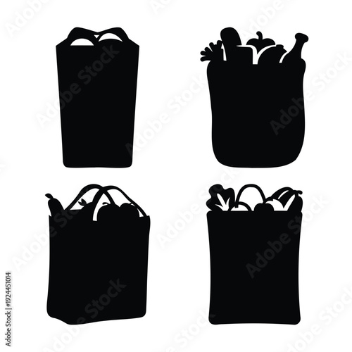 A collection of black silhouette shopping bags, some filled with groceries and one empty