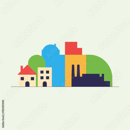 Colorful City Buildings and Factory.