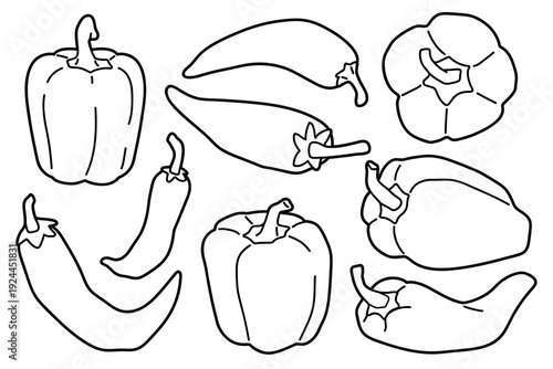 Set of bell peppers and chilli pepers in different views, black and white outline illustration. Hand drawn whole , isolated on light background for colouring or coloring pages, menu or food design.
