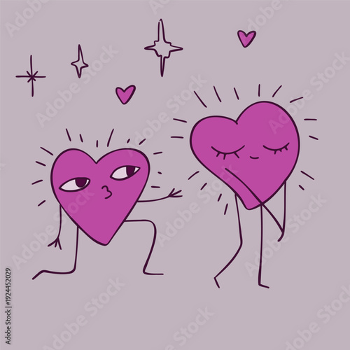 Two heart characters, one kneeling and proposing to the other. Suitable for greeting cards, advertising posters, covers business cards, wedding invitations and Valentine’s Day stationery.