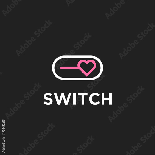Love switch toggle button with pink heart icon on a dark background, user interface element.