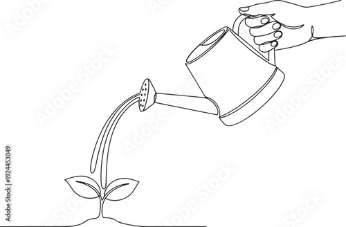 Hand watering a small seedling in a garden, representing growth and nurturing in a simple line art illustration