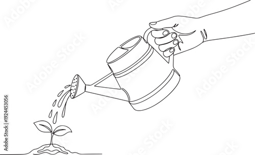 Hand watering a small plant sprouting from the soil with a watering can, symbolizing growth and nurturing new beginnings in a simple line art illustration