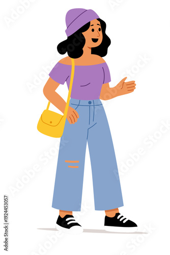 Happy young woman in purple bucket hat off-shoulder top yellow crossbody bag ripped jeans casual trendy outfit. Fashion concept. Hand drawn flat vector illustration. Cartoon style