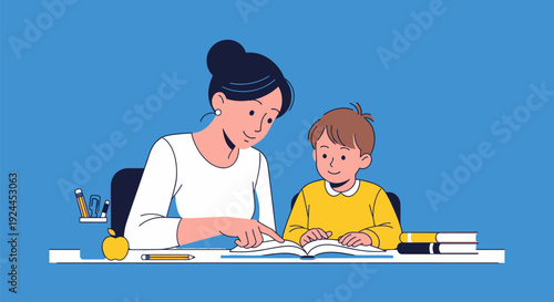 Mother and son reading together at a desk with books and pencils.