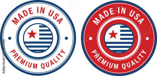 Made in USA Premium Quality Badge with American Flag Star Emblem in Red Blue Design for National Manufacturing Certification Concept of Patriotism and Trust